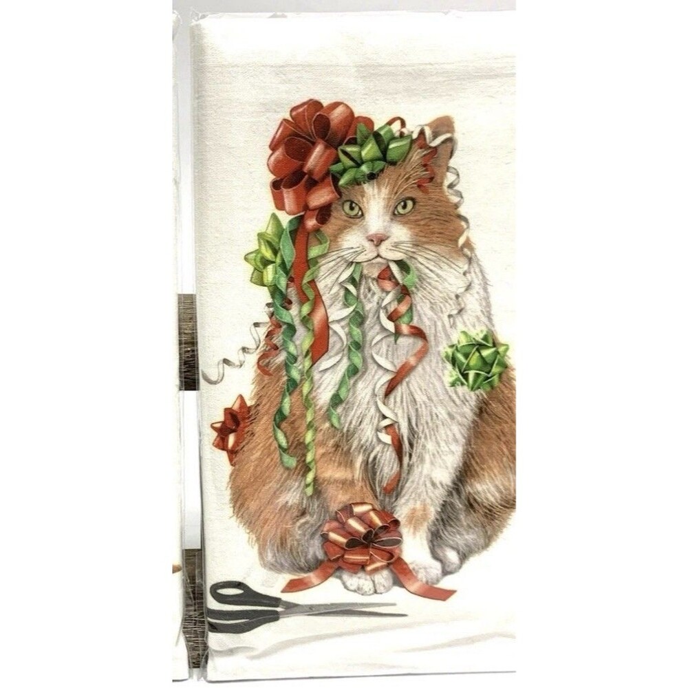 Mary Lake Thompson Flower Sack Kitchen Towel 30x30 Christmas Cat w/ Ribbon NEW